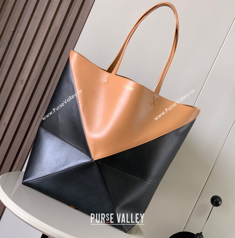 Loewe Large Puzzle Fold Tote Bag in shiny calfskin Black/Brown 2024 (xinyidai-24020245)