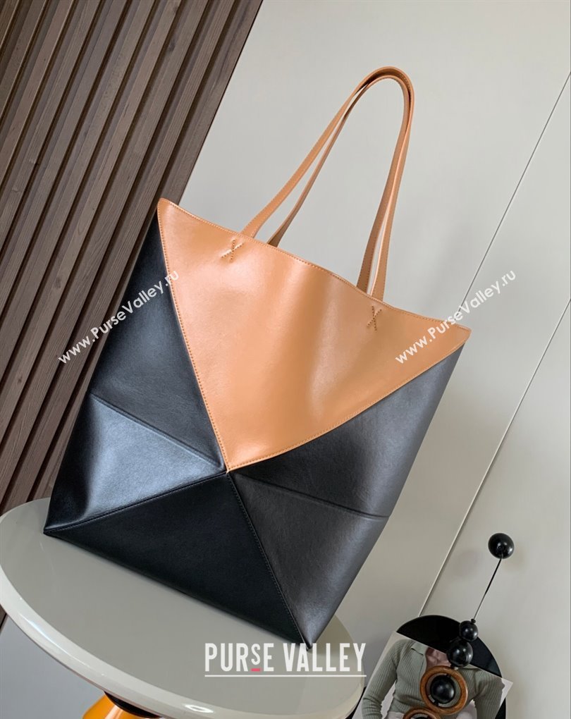 Loewe Large Puzzle Fold Tote Bag in shiny calfskin Black/Brown 2024 (xinyidai-24020245)