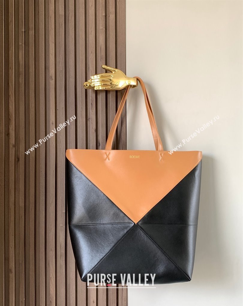 Loewe Large Puzzle Fold Tote Bag in shiny calfskin Black/Brown 2024 (xinyidai-24020245)