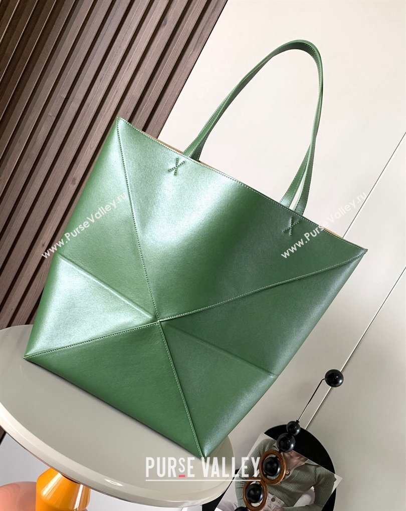 Loewe Large Puzzle Fold Tote Bag in shiny calfskin Green 2024 (xinyidai-24020246)