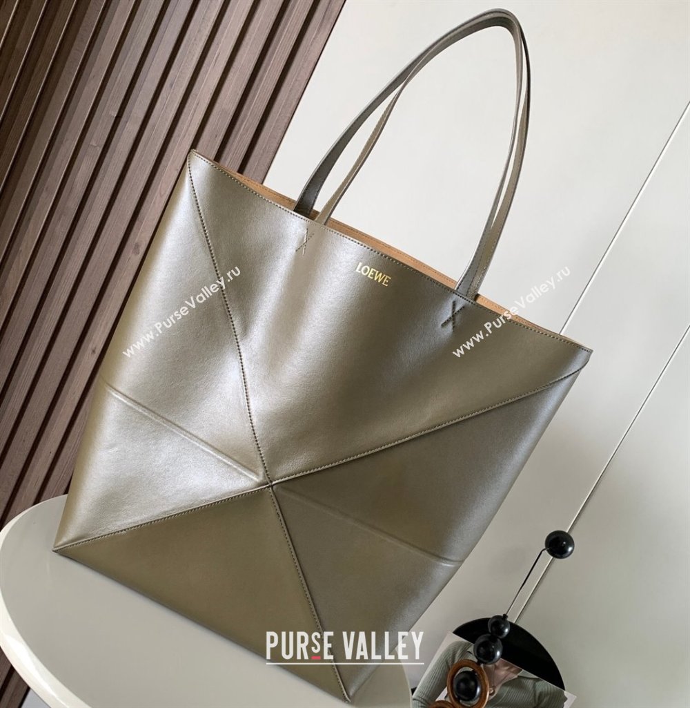 Loewe Large Puzzle Fold Tote Bag in shiny calfskin Olive Green 2024 (xinyidai-24020247)