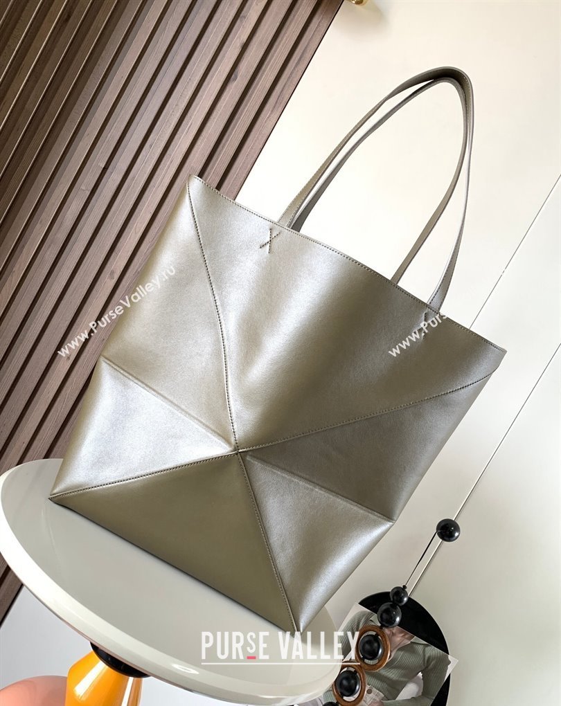 Loewe Large Puzzle Fold Tote Bag in shiny calfskin Olive Green 2024 (xinyidai-24020247)