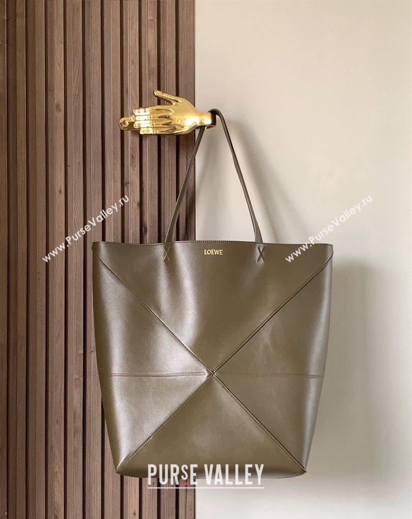 Loewe Large Puzzle Fold Tote Bag in shiny calfskin Olive Green 2024 (xinyidai-24020247)