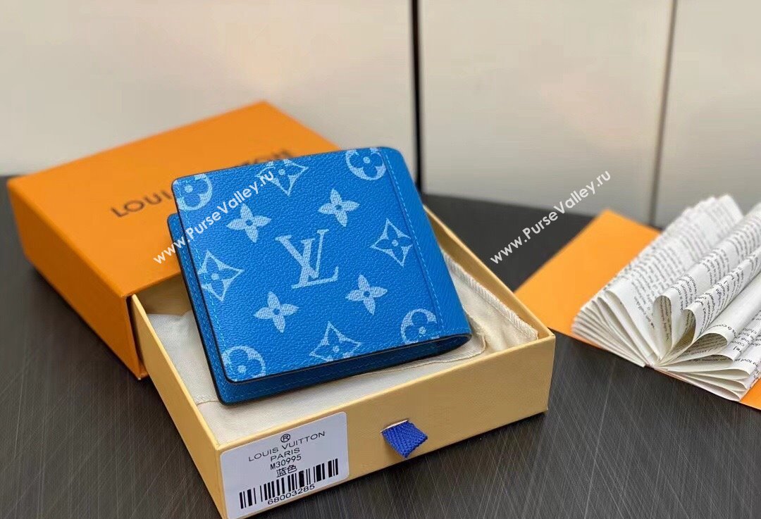 Louis Vuitton Taiga cowhide leather and Monogram canvas Multiple Wallet M30995 Blue 2024 (kiki-24021804)