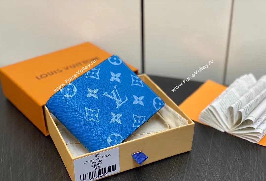 Louis Vuitton Taiga cowhide leather and Monogram canvas Multiple Wallet M30995 Blue 2024 (kiki-24021804)