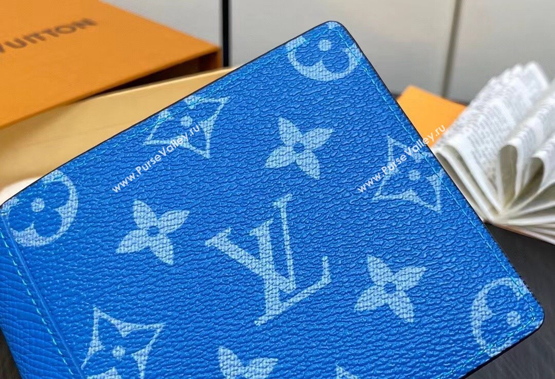 Louis Vuitton Taiga cowhide leather and Monogram canvas Multiple Wallet M30995 Blue 2024 (kiki-24021804)