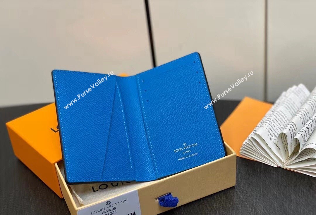 Louis Vuitton Taiga cowhide leather and Monogram canvas Pocket Organizer Wallet M83095 Blue 2024 (kiki-24021803)