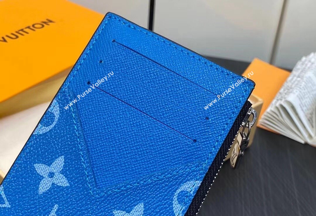 Louis Vuitton Taiga cowhide leather and Monogram canvas Coin Card Holder M83102 Blue 2024 (kiki-24021805)