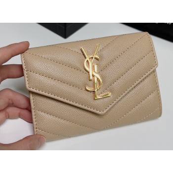 Saint Laurent Cassandre Matelasse Small Envelope Wallet In Grain De Poudre Embossed Leather 414404 Beige/Gold (nana-24022111)