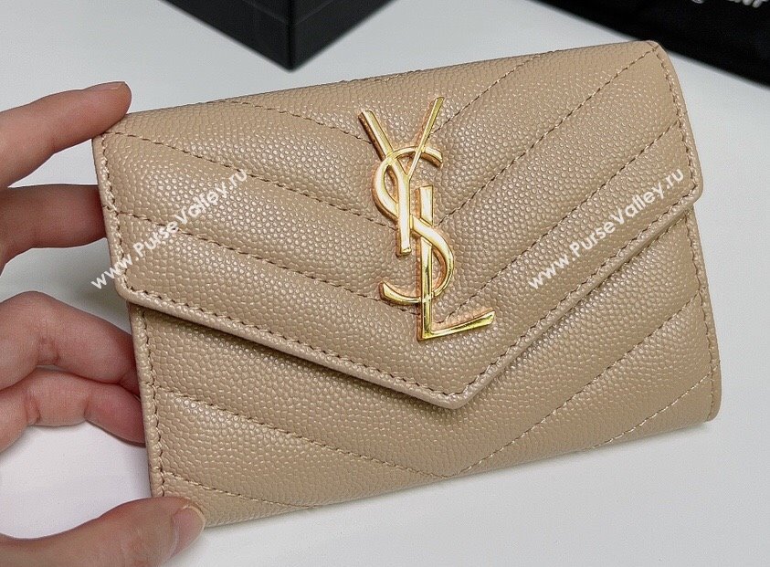 Saint Laurent Cassandre Matelasse Small Envelope Wallet In Grain De Poudre Embossed Leather 414404 Beige/Gold (nana-24022111)