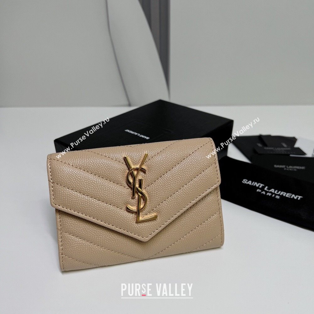 Saint Laurent Cassandre Matelasse Small Envelope Wallet In Grain De Poudre Embossed Leather 414404 Beige/Gold (nana-24022111)