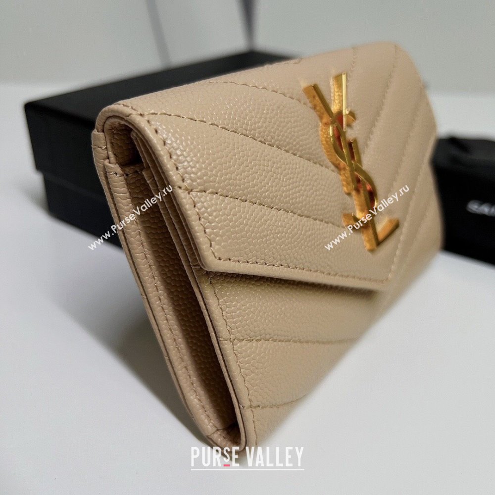 Saint Laurent Cassandre Matelasse Small Envelope Wallet In Grain De Poudre Embossed Leather 414404 Beige/Gold (nana-24022111)