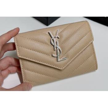 Saint Laurent Cassandre Matelasse Small Envelope Wallet In Grain De Poudre Embossed Leather 414404 Beige/Silver (nana-24022112)