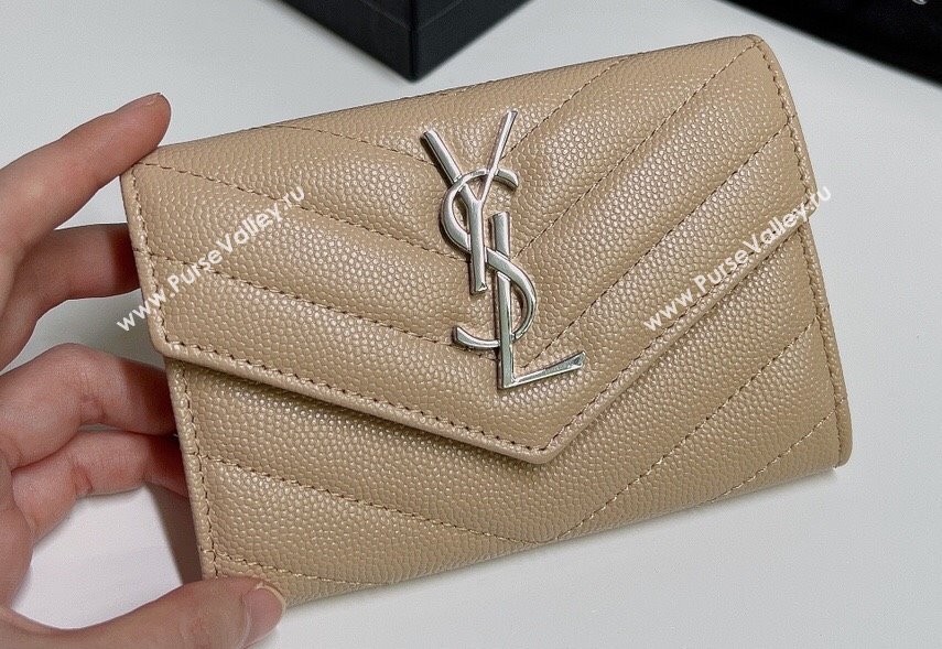 Saint Laurent Cassandre Matelasse Small Envelope Wallet In Grain De Poudre Embossed Leather 414404 Beige/Silver (nana-24022112)