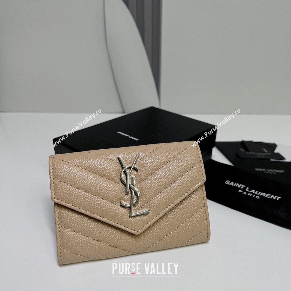 Saint Laurent Cassandre Matelasse Small Envelope Wallet In Grain De Poudre Embossed Leather 414404 Beige/Silver (nana-24022112)