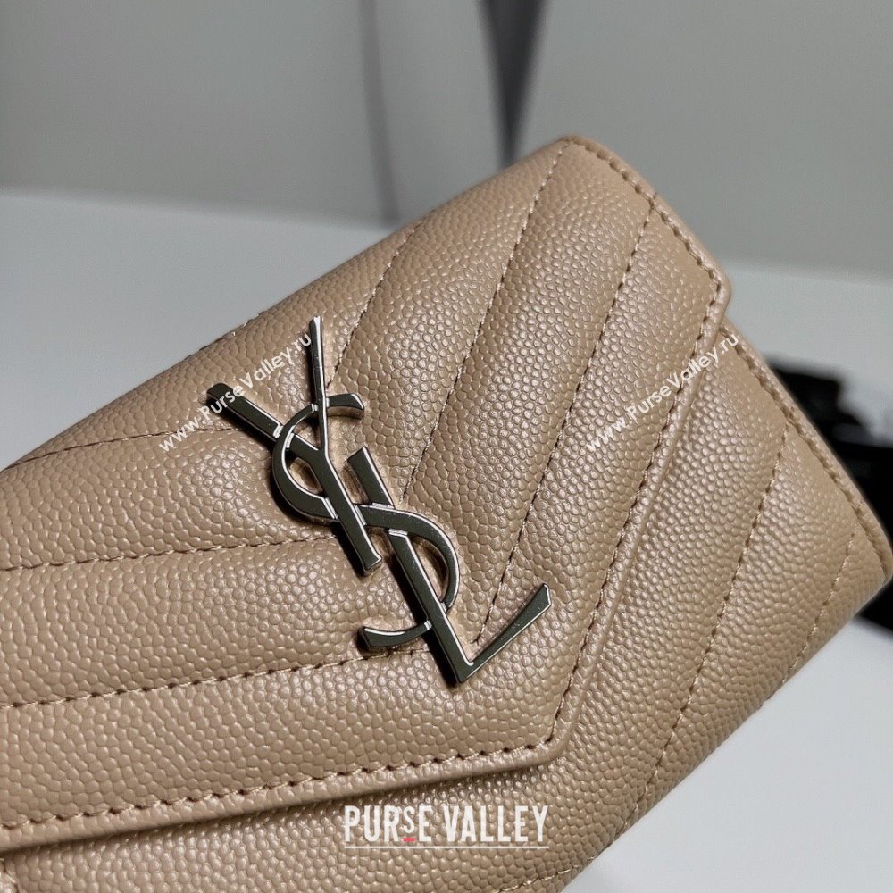 Saint Laurent Cassandre Matelasse Small Envelope Wallet In Grain De Poudre Embossed Leather 414404 Beige/Silver (nana-24022112)