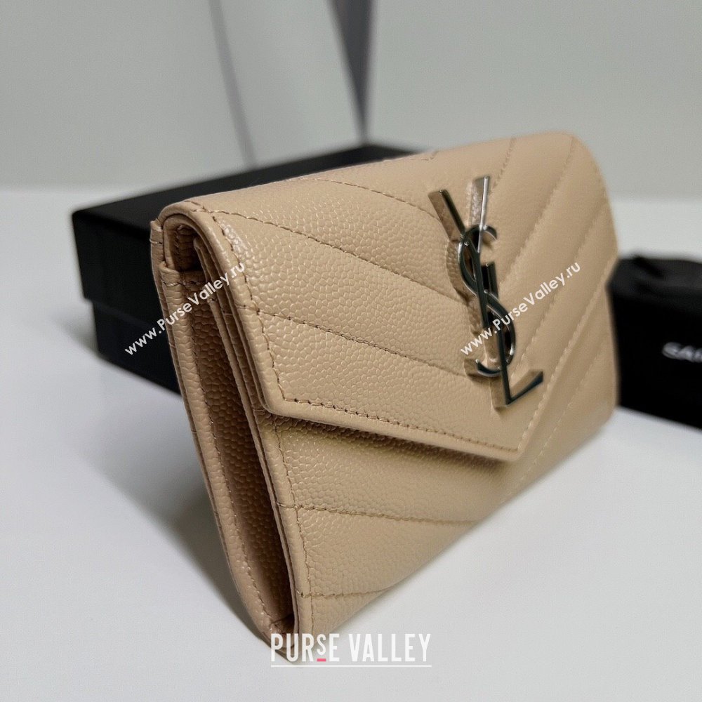 Saint Laurent Cassandre Matelasse Small Envelope Wallet In Grain De Poudre Embossed Leather 414404 Beige/Silver (nana-24022112)