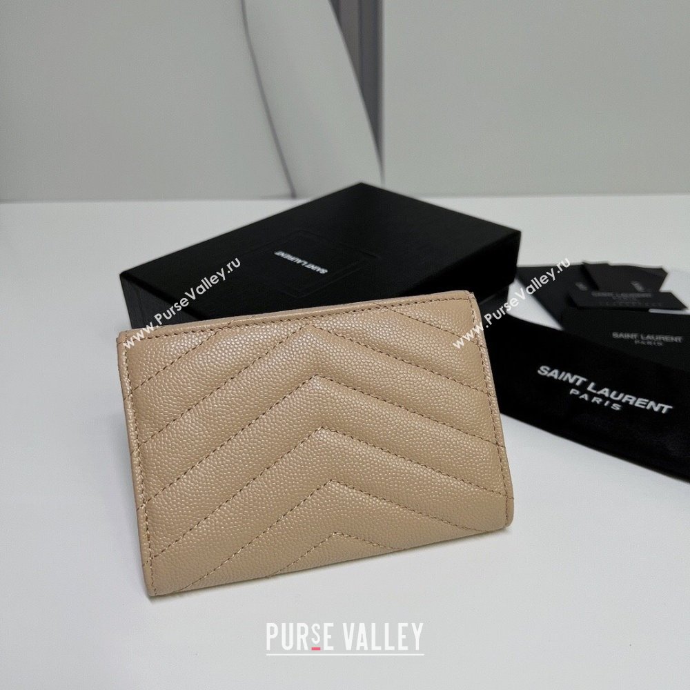 Saint Laurent Cassandre Matelasse Small Envelope Wallet In Grain De Poudre Embossed Leather 414404 Beige/Silver (nana-24022112)