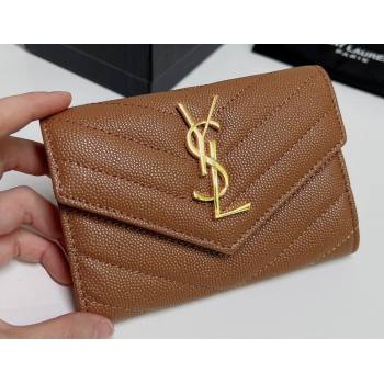 Saint Laurent Cassandre Matelasse Small Envelope Wallet In Grain De Poudre Embossed Leather 414404 Brown/Gold (nana-24022114)