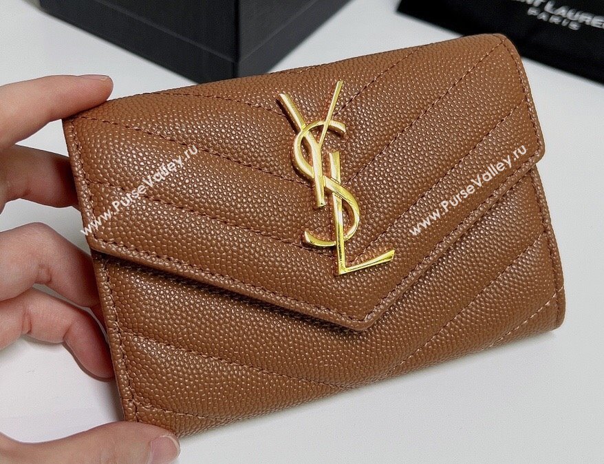 Saint Laurent Cassandre Matelasse Small Envelope Wallet In Grain De Poudre Embossed Leather 414404 Brown/Gold (nana-24022114)