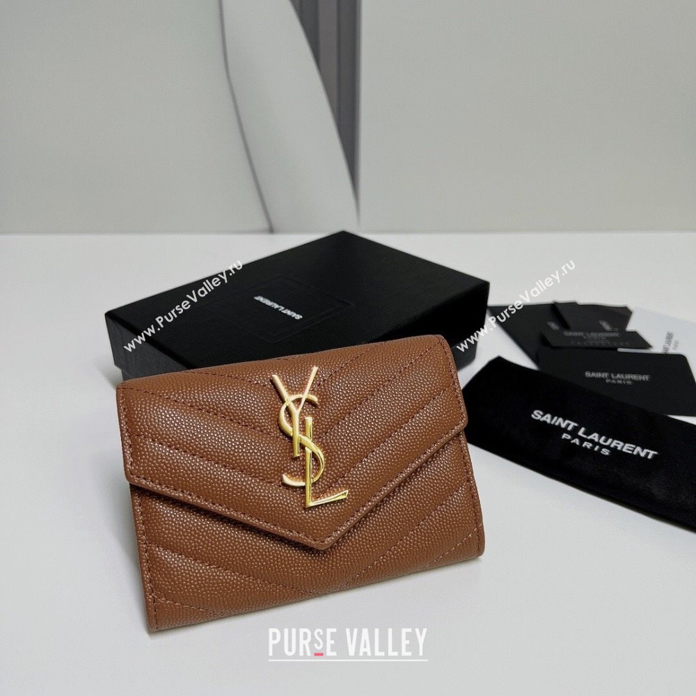 Saint Laurent Cassandre Matelasse Small Envelope Wallet In Grain De Poudre Embossed Leather 414404 Brown/Gold (nana-24022114)