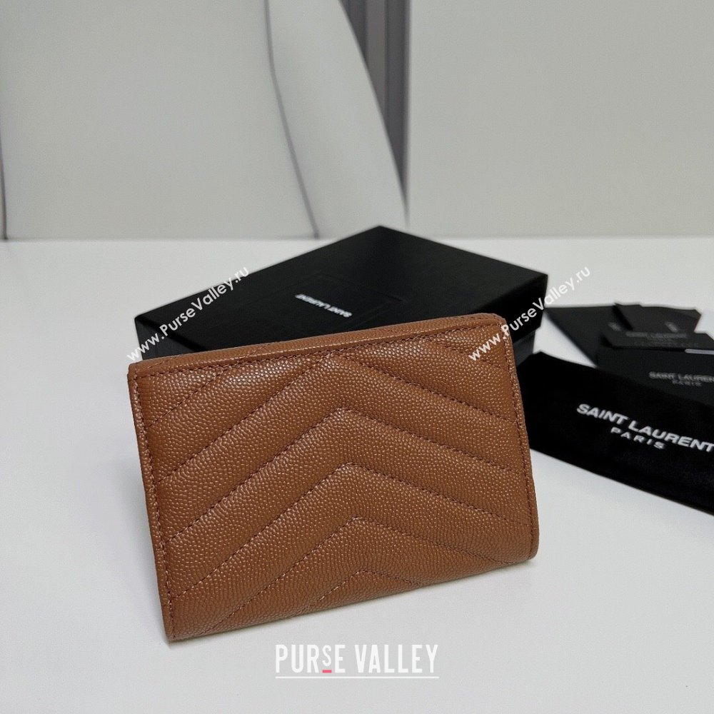 Saint Laurent Cassandre Matelasse Small Envelope Wallet In Grain De Poudre Embossed Leather 414404 Brown/Gold (nana-24022114)