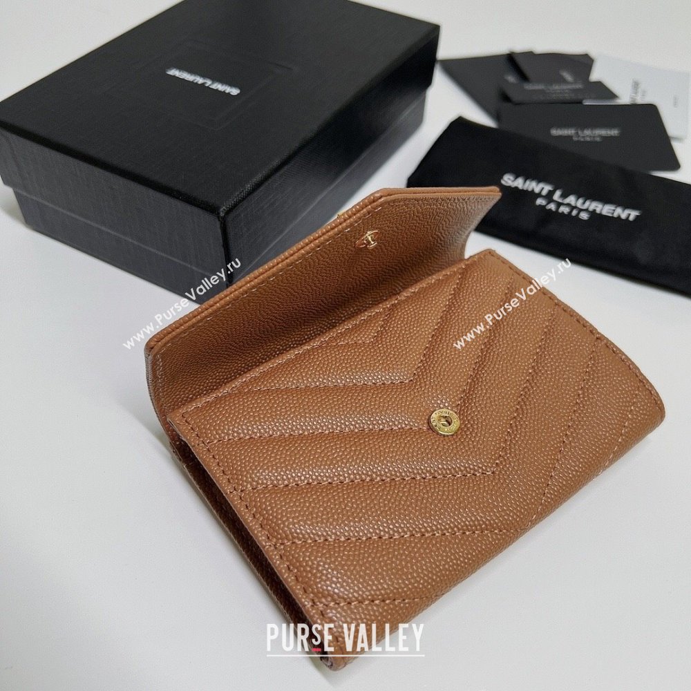 Saint Laurent Cassandre Matelasse Small Envelope Wallet In Grain De Poudre Embossed Leather 414404 Brown/Gold (nana-24022114)