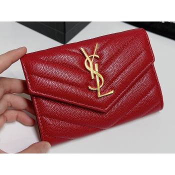 Saint Laurent Cassandre Matelasse Small Envelope Wallet In Grain De Poudre Embossed Leather 414404 Red/Gold (nana-24022113)