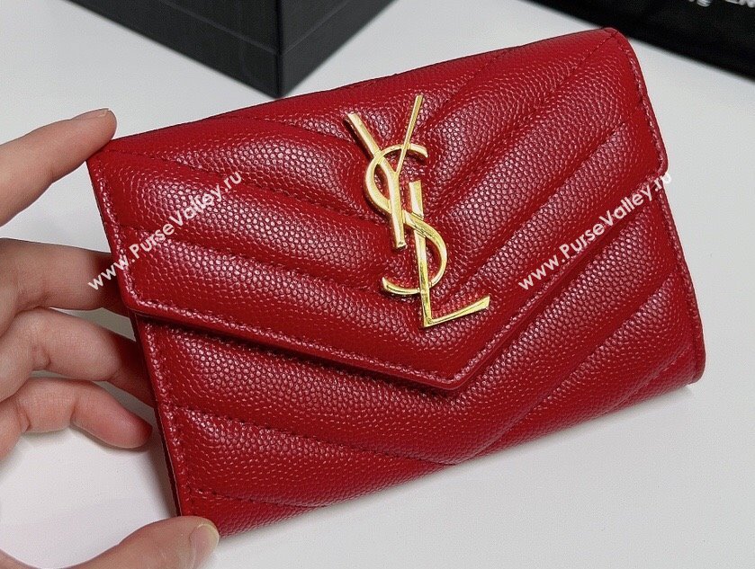 Saint Laurent Cassandre Matelasse Small Envelope Wallet In Grain De Poudre Embossed Leather 414404 Red/Gold (nana-24022113)