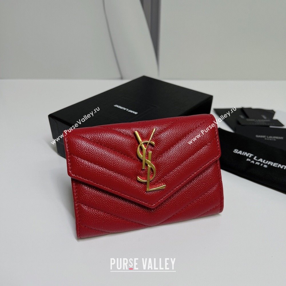 Saint Laurent Cassandre Matelasse Small Envelope Wallet In Grain De Poudre Embossed Leather 414404 Red/Gold (nana-24022113)