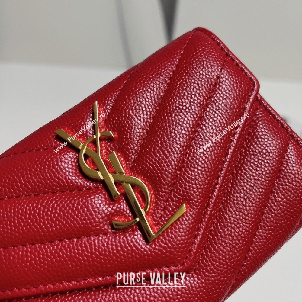 Saint Laurent Cassandre Matelasse Small Envelope Wallet In Grain De Poudre Embossed Leather 414404 Red/Gold (nana-24022113)