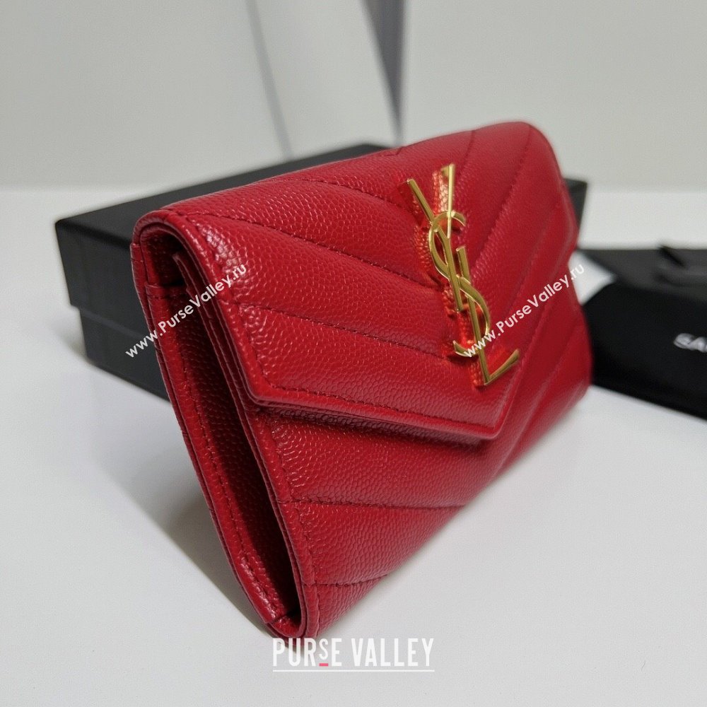 Saint Laurent Cassandre Matelasse Small Envelope Wallet In Grain De Poudre Embossed Leather 414404 Red/Gold (nana-24022113)