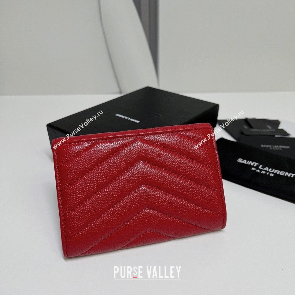 Saint Laurent Cassandre Matelasse Small Envelope Wallet In Grain De Poudre Embossed Leather 414404 Red/Gold (nana-24022113)