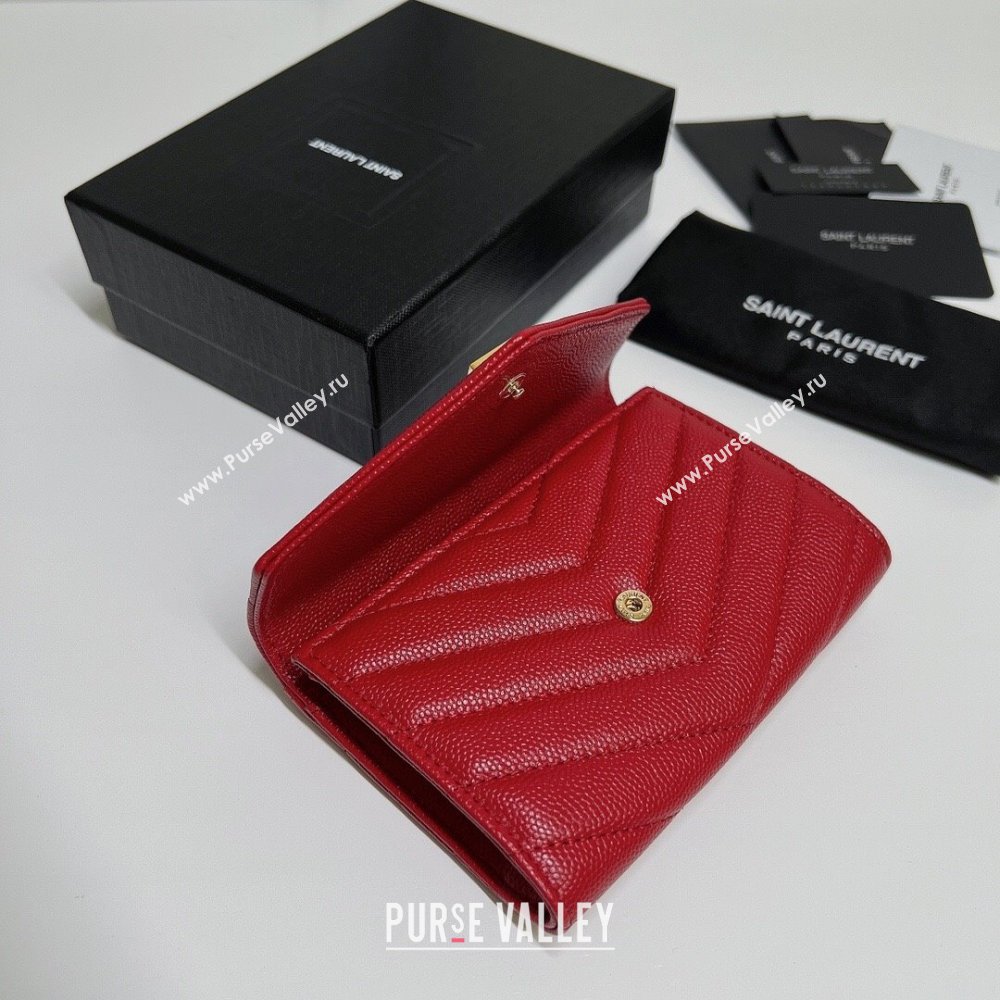 Saint Laurent Cassandre Matelasse Small Envelope Wallet In Grain De Poudre Embossed Leather 414404 Red/Gold (nana-24022113)