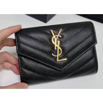 Saint Laurent Cassandre Matelasse Small Envelope Wallet In Grain De Poudre Embossed Leather 414404 Black/Gold (nana-24022107)