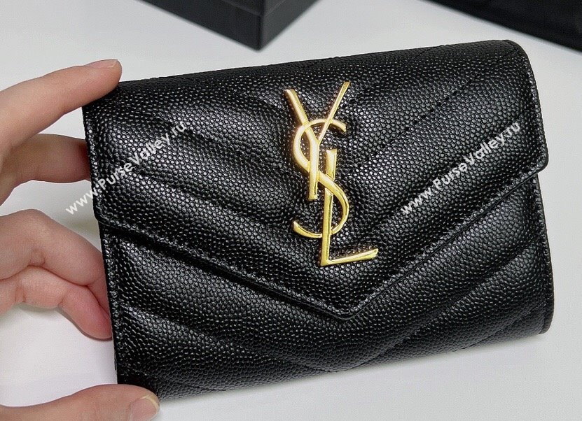 Saint Laurent Cassandre Matelasse Small Envelope Wallet In Grain De Poudre Embossed Leather 414404 Black/Gold (nana-24022107)