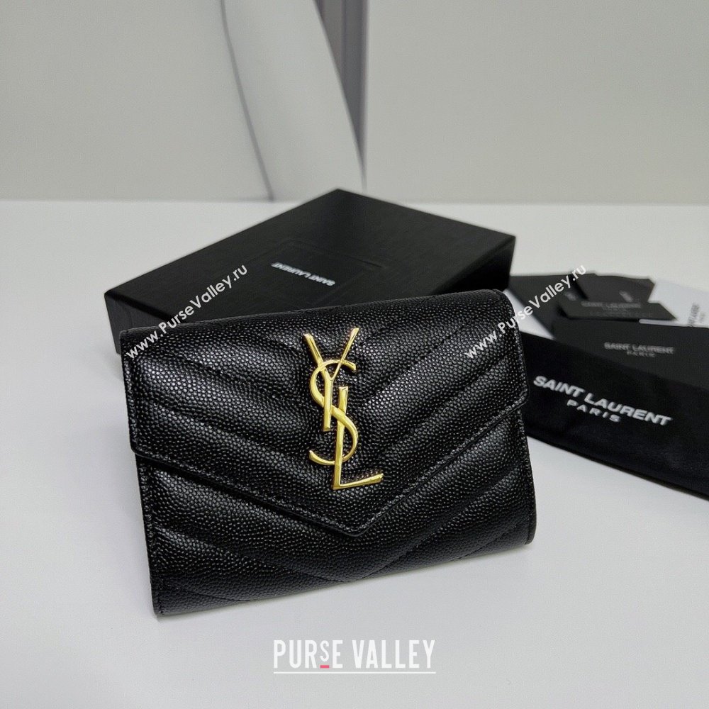 Saint Laurent Cassandre Matelasse Small Envelope Wallet In Grain De Poudre Embossed Leather 414404 Black/Gold (nana-24022107)