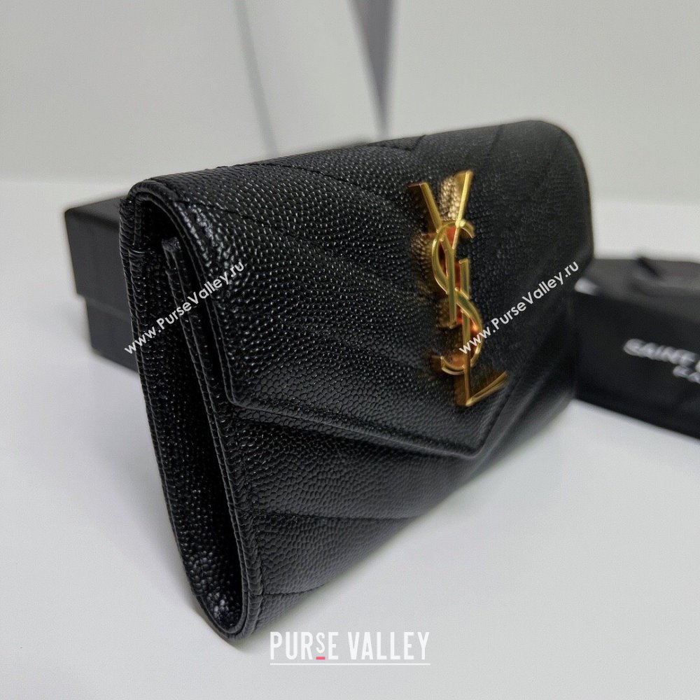 Saint Laurent Cassandre Matelasse Small Envelope Wallet In Grain De Poudre Embossed Leather 414404 Black/Gold (nana-24022107)