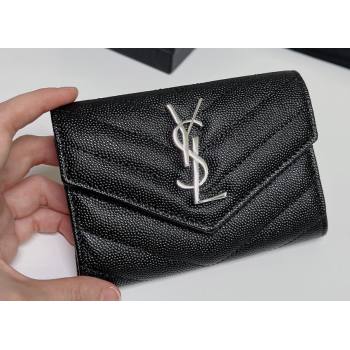 Saint Laurent Cassandre Matelasse Small Envelope Wallet In Grain De Poudre Embossed Leather 414404 Black/Silver (nana-24022108)