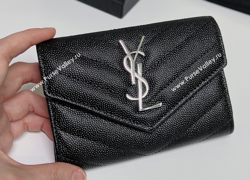 Saint Laurent Cassandre Matelasse Small Envelope Wallet In Grain De Poudre Embossed Leather 414404 Black/Silver (nana-24022108)