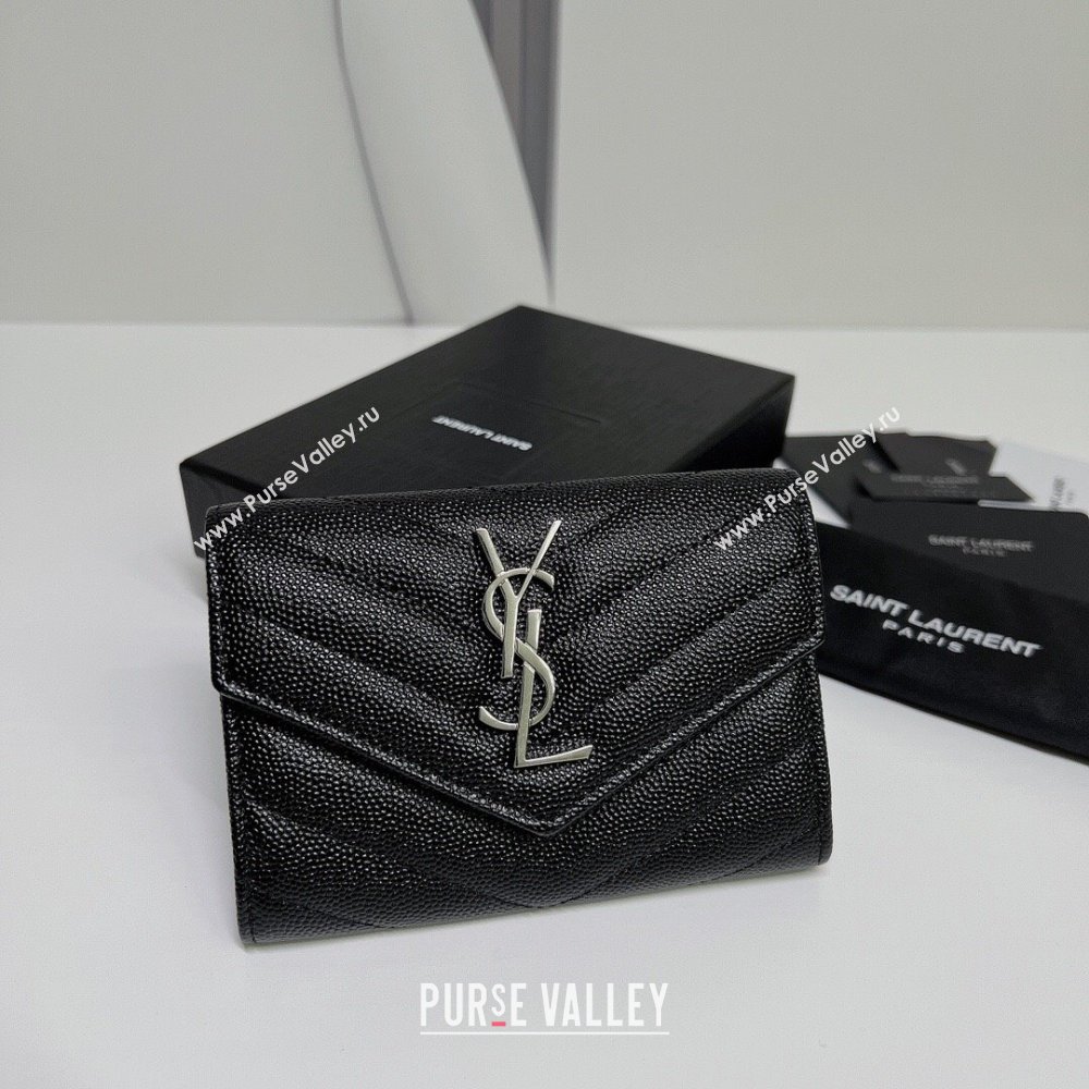 Saint Laurent Cassandre Matelasse Small Envelope Wallet In Grain De Poudre Embossed Leather 414404 Black/Silver (nana-24022108)