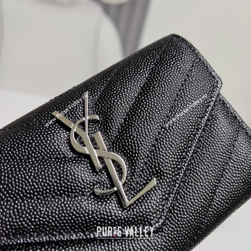 Saint Laurent Cassandre Matelasse Small Envelope Wallet In Grain De Poudre Embossed Leather 414404 Black/Silver (nana-24022108)