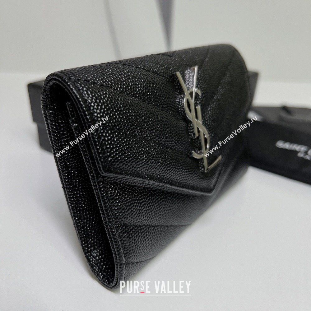 Saint Laurent Cassandre Matelasse Small Envelope Wallet In Grain De Poudre Embossed Leather 414404 Black/Silver (nana-24022108)