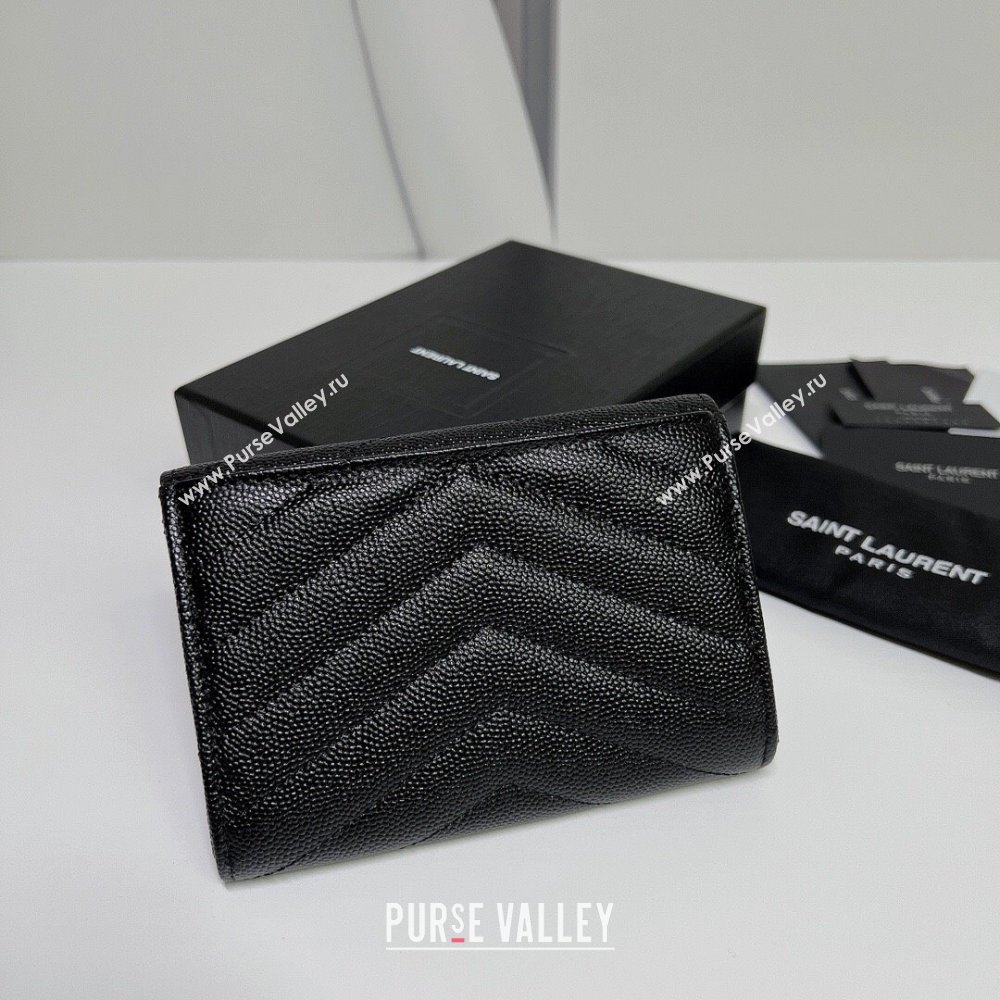 Saint Laurent Cassandre Matelasse Small Envelope Wallet In Grain De Poudre Embossed Leather 414404 Black/Silver (nana-24022108)