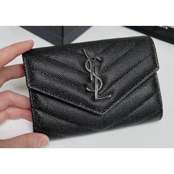Saint Laurent Cassandre Matelasse Small Envelope Wallet In Grain De Poudre Embossed Leather 414404 Black (nana-24022106)