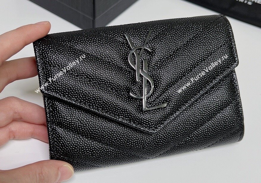 Saint Laurent Cassandre Matelasse Small Envelope Wallet In Grain De Poudre Embossed Leather 414404 Black (nana-24022106)