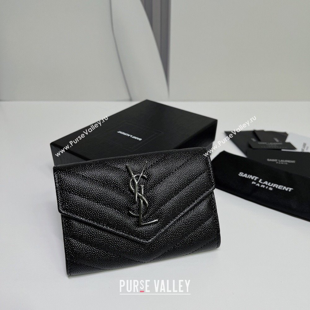 Saint Laurent Cassandre Matelasse Small Envelope Wallet In Grain De Poudre Embossed Leather 414404 Black (nana-24022106)