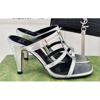 Gucci Heel 9.5cm slim Horsebit slide sandals 776643 Leather Silver 2024 (modeng-24022215)