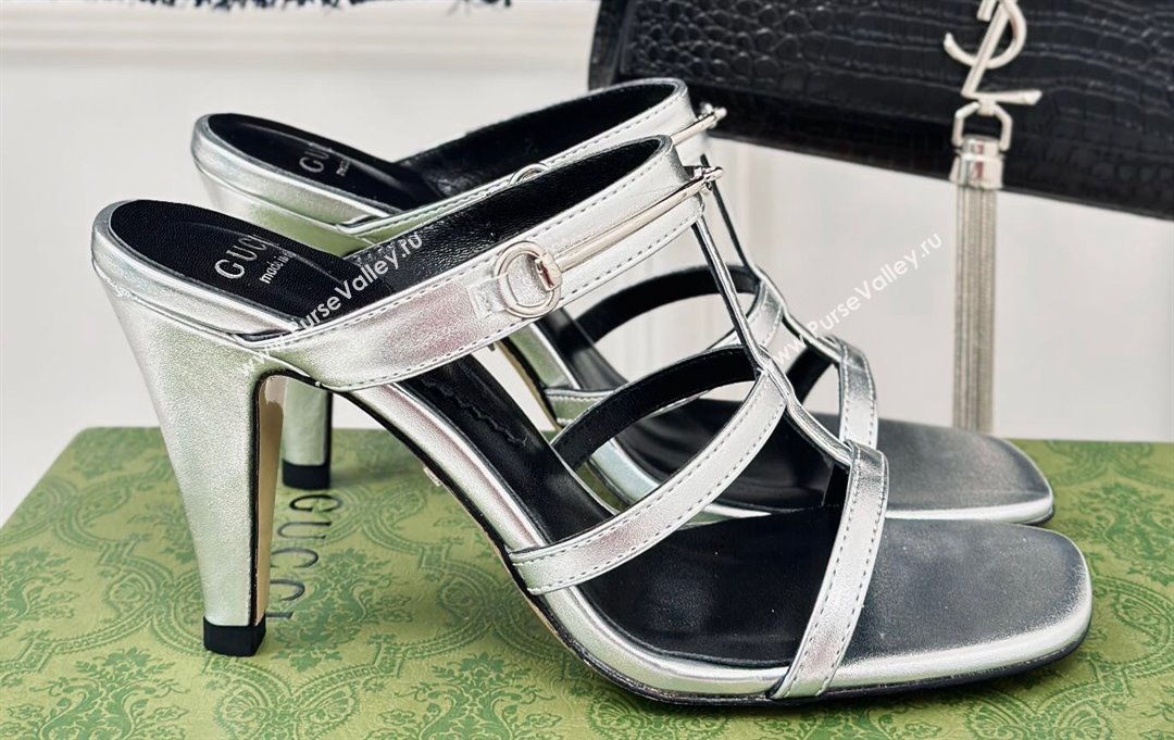 Gucci Heel 9.5cm slim Horsebit slide sandals 776643 Leather Silver 2024 (modeng-24022215)