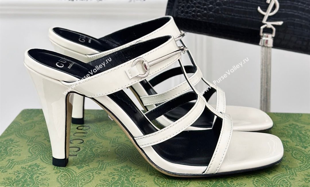 Gucci Heel 9.5cm slim Horsebit slide sandals 776643 Leather White 2024 (modeng-24022209)